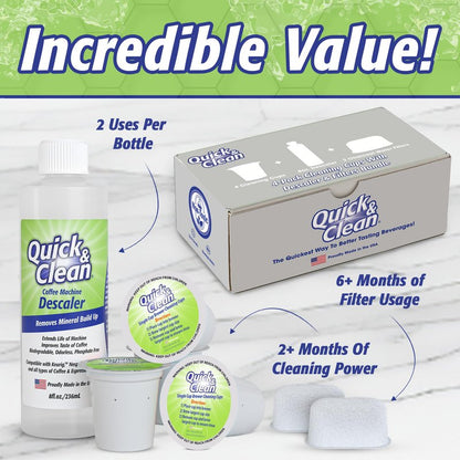 Quick & Clean 4-Pack Cleaning Cups with Descaler and Filters Bundle (2 Total Uses) - 2.0 Compatible, Descaling Solution for Keurig, Nespresso, Ninja, Delonghi, All Coffee and Espresso Machines