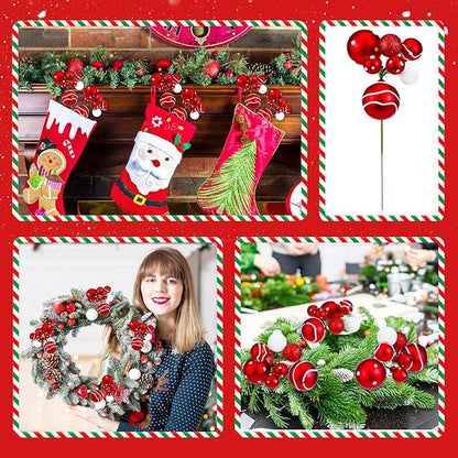 8 Pcs Red and White Christmas Tree Picks 7.87 Inch Christmas Balls Ornaments Xmas Hanging Decorations for Xmas Tree Topper DIY Wreath Holiday Floral Vase Fillers Crafts Home Decor