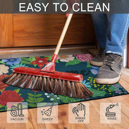 CHICHIC Welcome Door Mat 17x 30 Inch Front Door Mat Outdoors for Home Entrance Outdoors Mat for Outside Entry Way Doormat Entry Rugs, Heavy Duty Non Slip Rubber Back Low Profile, Colorful Flower