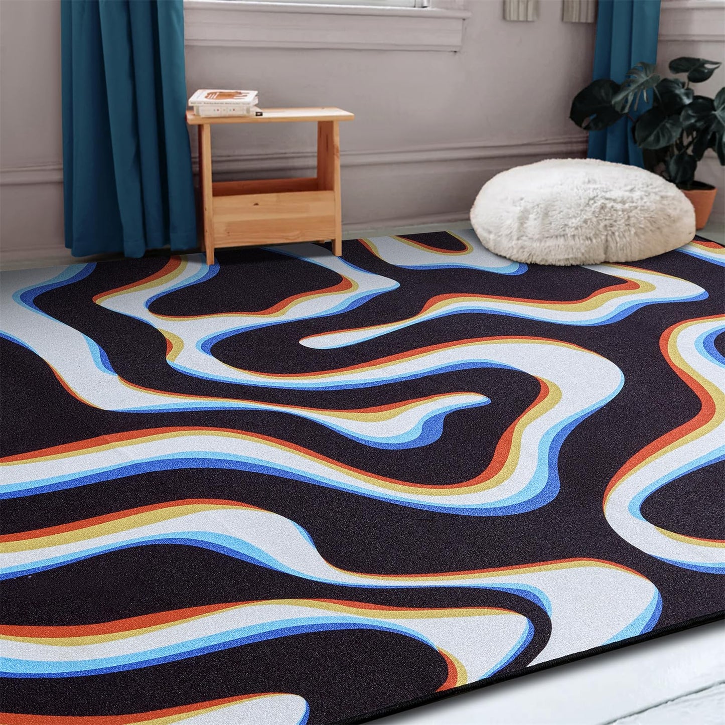 Aldopein Trippy Abstract 3x5 Area Rug Non Slip Ultra Thin Flatweave Funky Aesthetic Wavy Stripes Swirl Throw Rug Colorful Black White, Retro Cool Cute Washable Carpet for Kitchen Entryway Bedroom