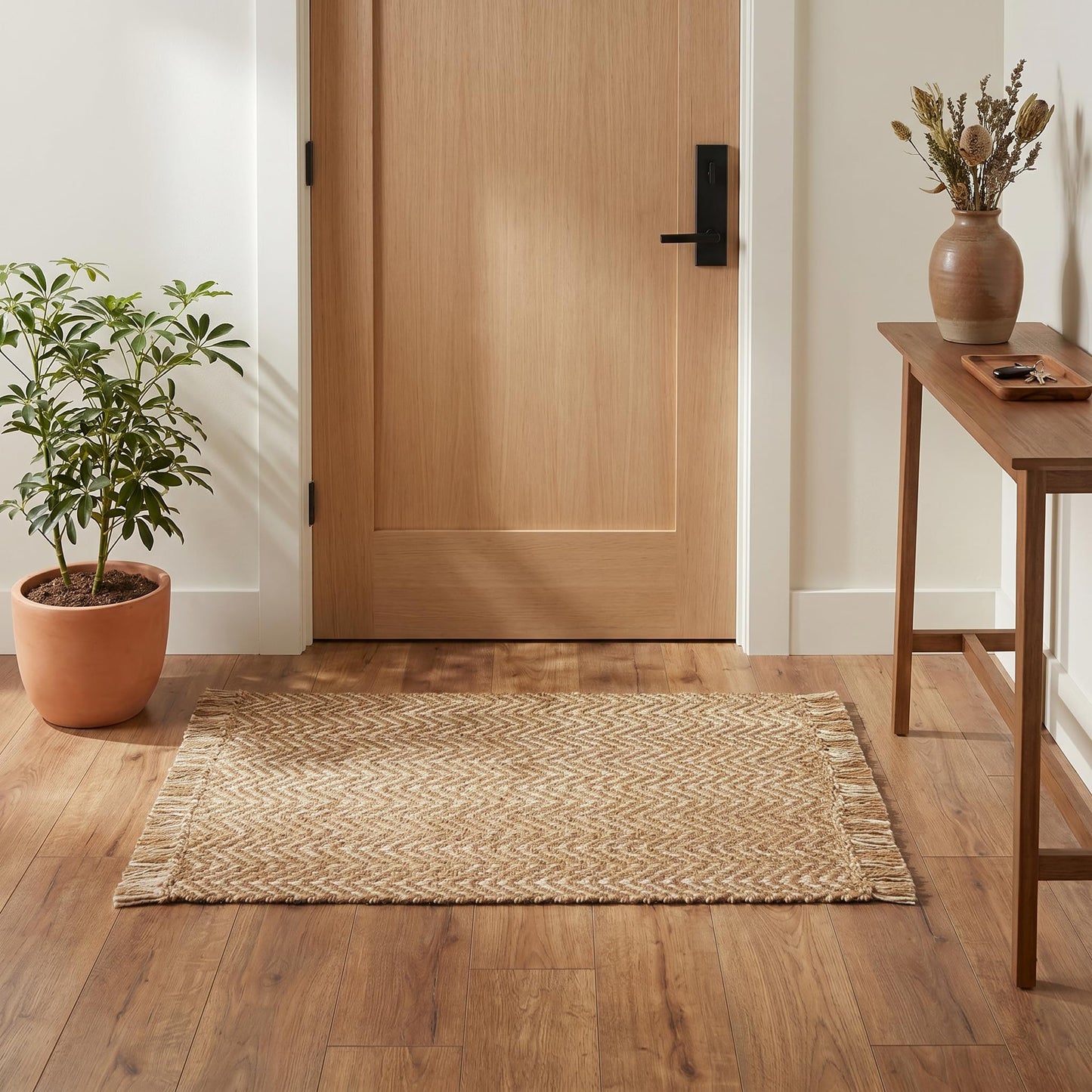 Chevron Weave with Fringes Woven Area Rug 2x3 Ft - Beige, Small Soft Decorative Reversible Front Door Mats Ideal for Entryway, Kitchen, Nursery, Office | Farmhouse Brown Accent Indoor Space Decor Mat