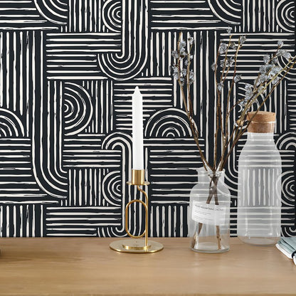 Livelynine Geometric Peel and Stick Wallpaper Black and White Modern Mid Century Geometric Abstract Wall Paper Contemporary Minimalist Lines 17.5x78.8 Geometric Pattern Contact Paper for Cabinets