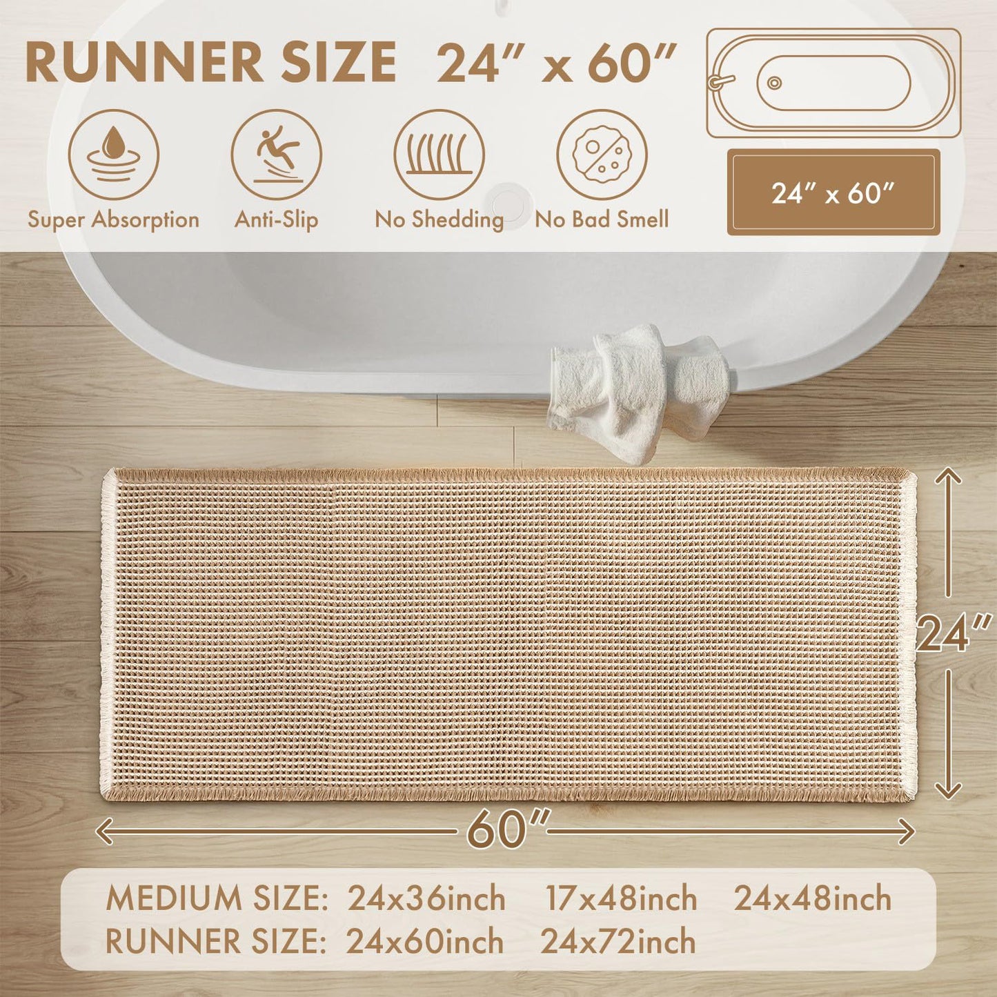 MIULEE Waffle Bathroom Runner Rugs, Super Absorbent Non Slip Bath Rug, Soft Quick Dry Washable Boho Large Beige Bath Mat with Tassels for Hallway Laundry Room Bedroom, 2'x5' (24"x60"), Brown & White