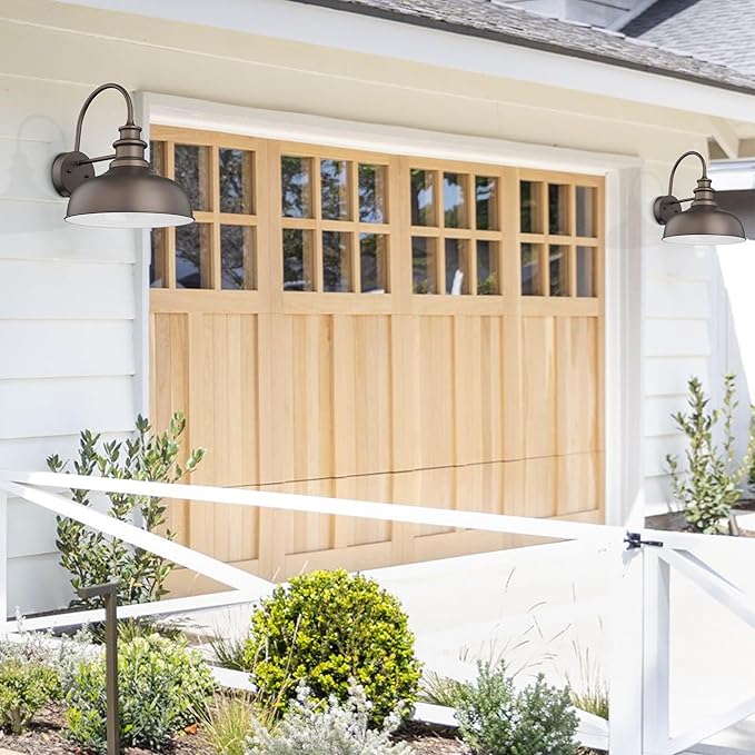 Bestshared 14 Inch Dome Gooseneck Barn Light,Farmhouse Wall Sconce, Outdoor Wall Mount Light, Exterior Lighting Fixture, Porch Lantern for Entryway, Garage,Patio (ORB+White, 14” Dome-1Pack)