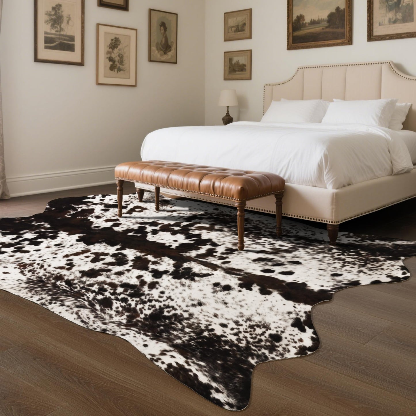 SUNYIWEI Faux Cowhide Rug, 4.6 x 5.2 ft Cowhide Rug for Living Room, Bedroom, Wall - Non-Slip,Brown White