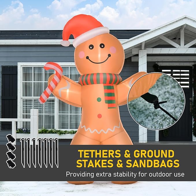 HOMCOM 8ft Christmas Inflatable Gingerbread Man with a Candy Cane, Outdoor Blow-Up Yard Decoration with LED Lights Display