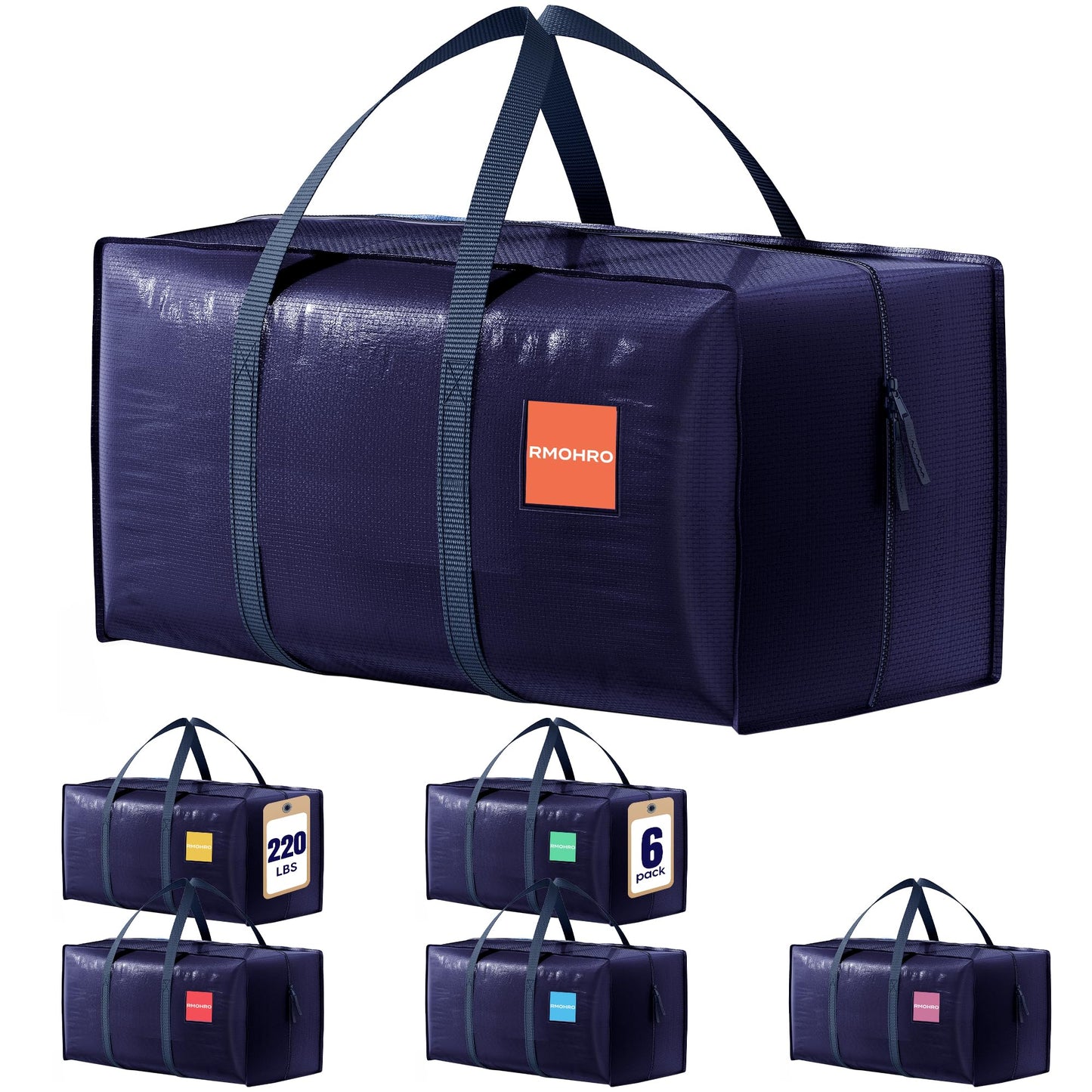 RMOHRO 6 Pack Moving Bags Heavy Duty 210GSM with Full-Open Side Zipper, 93L 220lbs Waterproof Foldable Storage Totes for College Dorm Move-In, Lidded Storage Bins., Blue