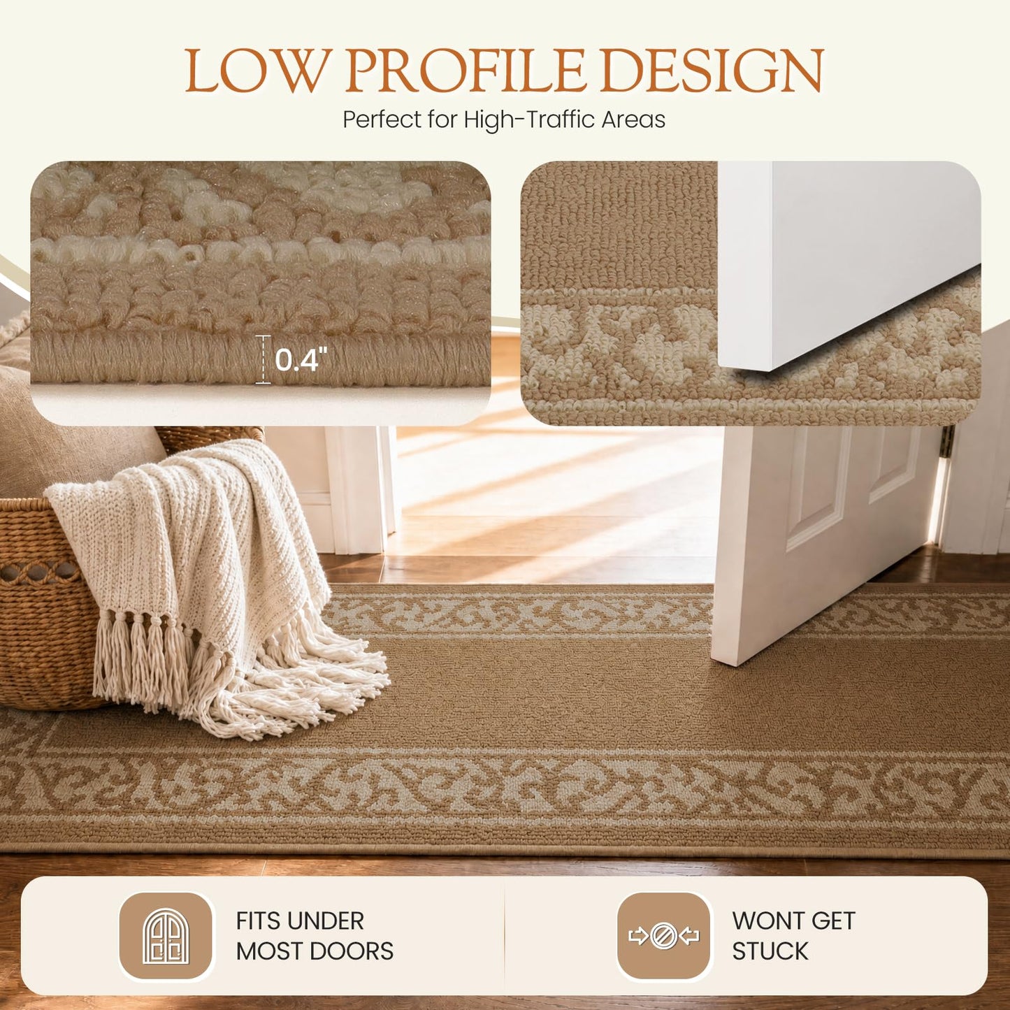 Washable Runner Rug 2x6 Ft, Non-Slip Hallway Rug with Rubber Backing, Kitchen Runner, Low Profile Indoor Carpet for Entryway, Laundry Room, Bedroom. (Border Beige, 24‘’X72'')