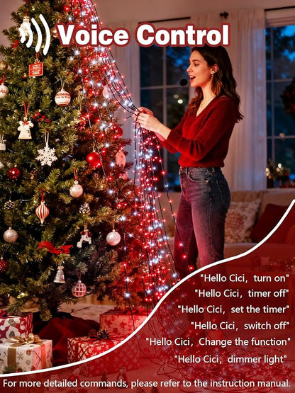 Voice Controlled Christmas Lights with Remote, 99 FT 300 LED String Lights Indoor Outdoor with 12 Modes 3 Timers, Dimmable Twinkle Light Plug in Waterproof for Xmas Tree Party Decor, Red and White
