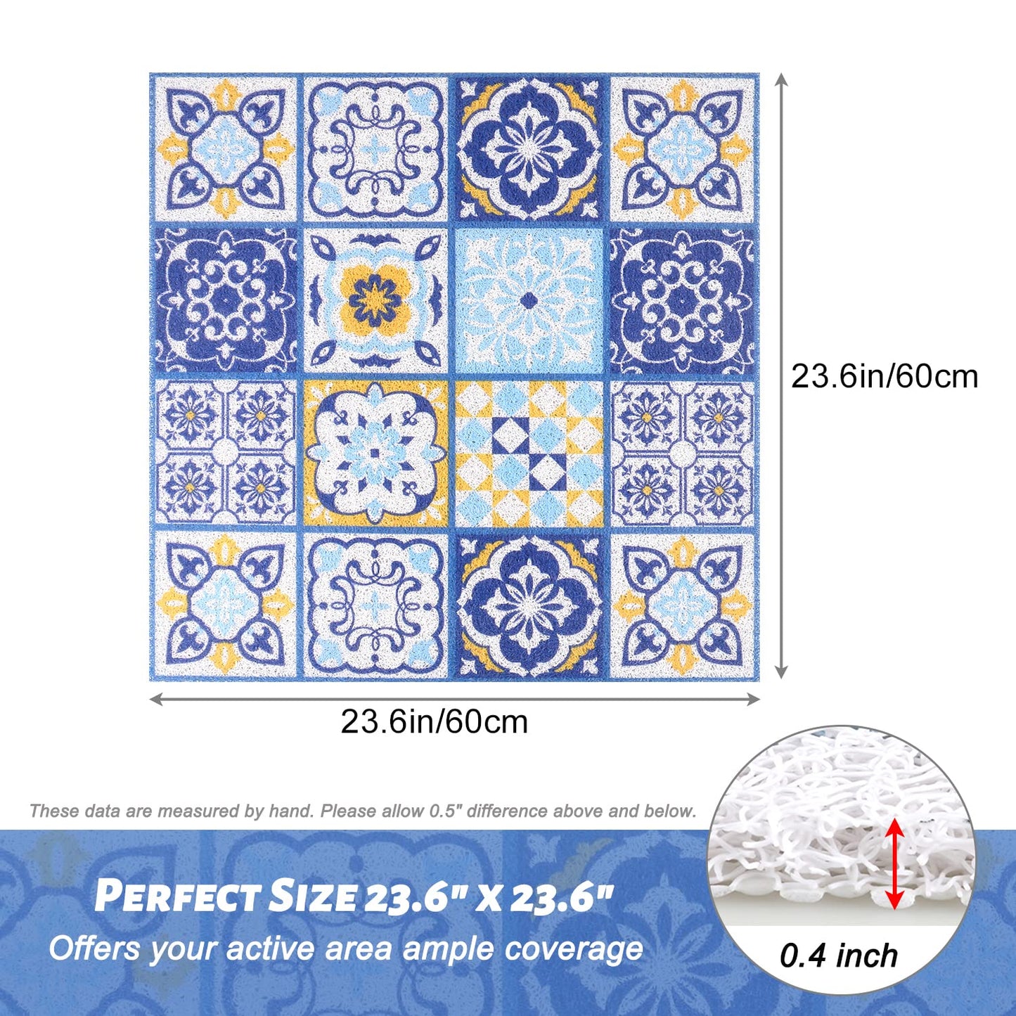 Shower Mat Non-Slip, 24x 24 Inch Square, Soft Comfort Bath Mats with Drainage Holes, PVC Loofah Massage Bathmat for Shower, Tub, Bathroom, Wet Areas, Quick Drying