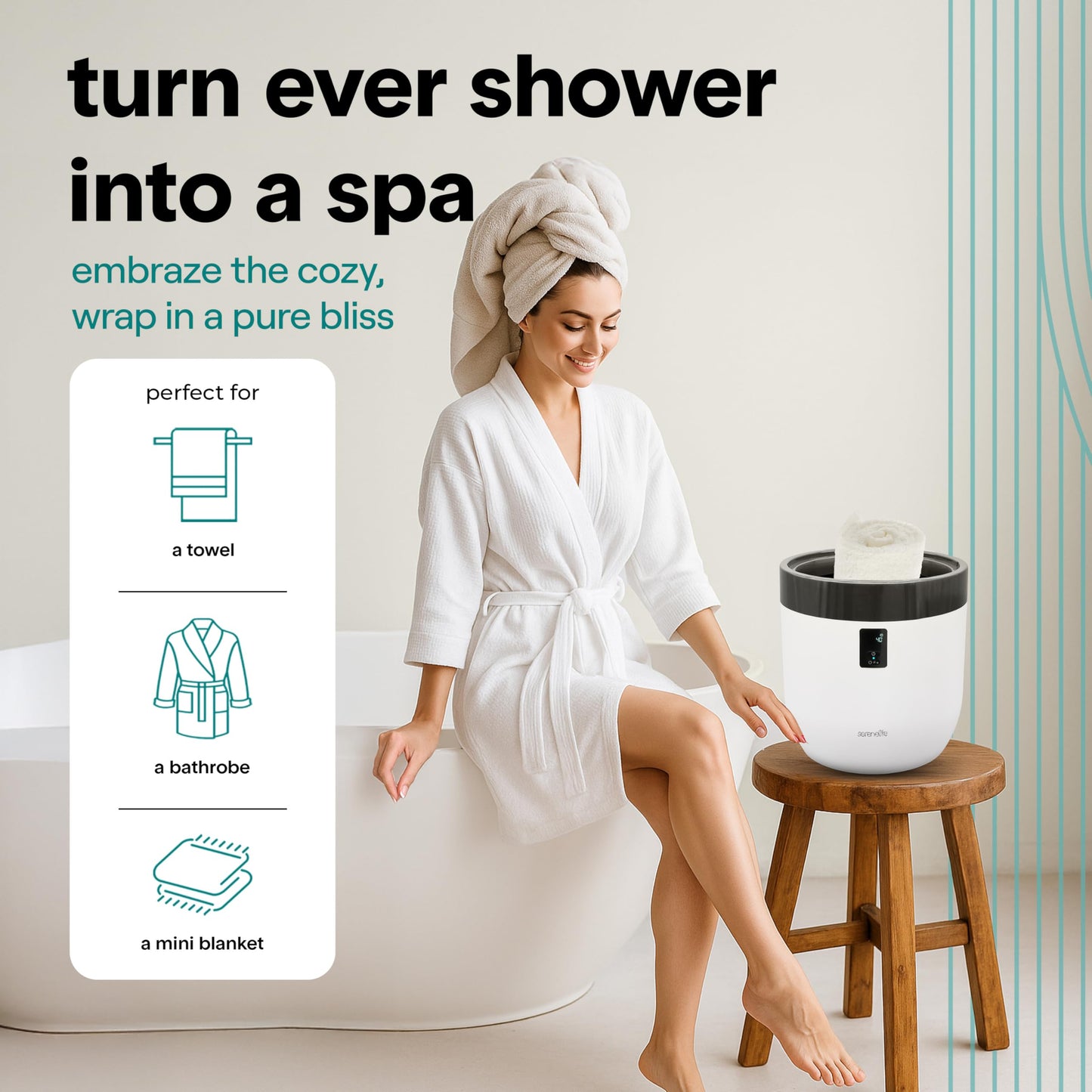 SereneLife Counter Towel Warmer Bucket - with Customized Fragrance for Spa and Bathroom, Luxury Heater, Auto Shut Off, Fits 1 Large Blanket, Bathrobe, PJs (Natural)