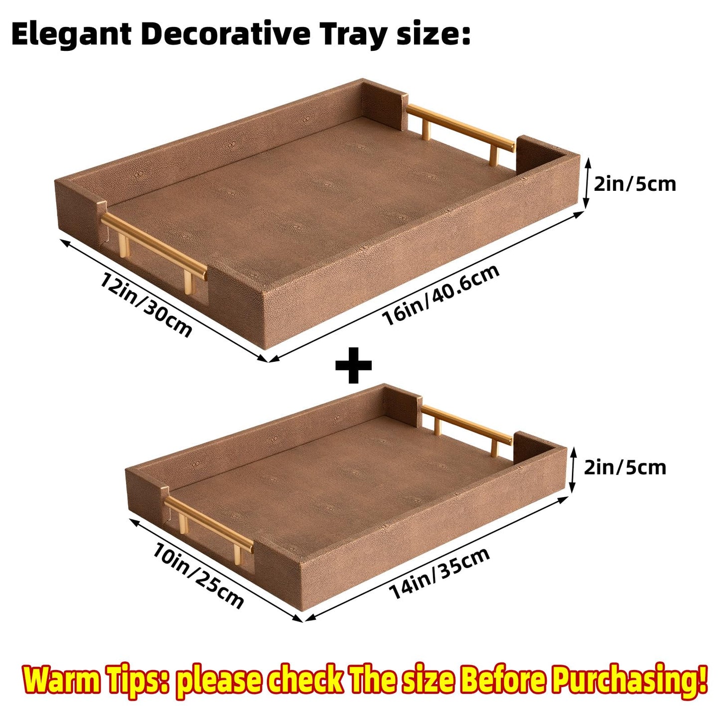 UPPER DECOR Set of 2 Decorative Tray Brown Shagreen Leather Tray, Modern Rectangle Serving Trays with Gold Polished Metal Handles, Ottoman Coffee Table Perfume Kitchen Trays Home Decor