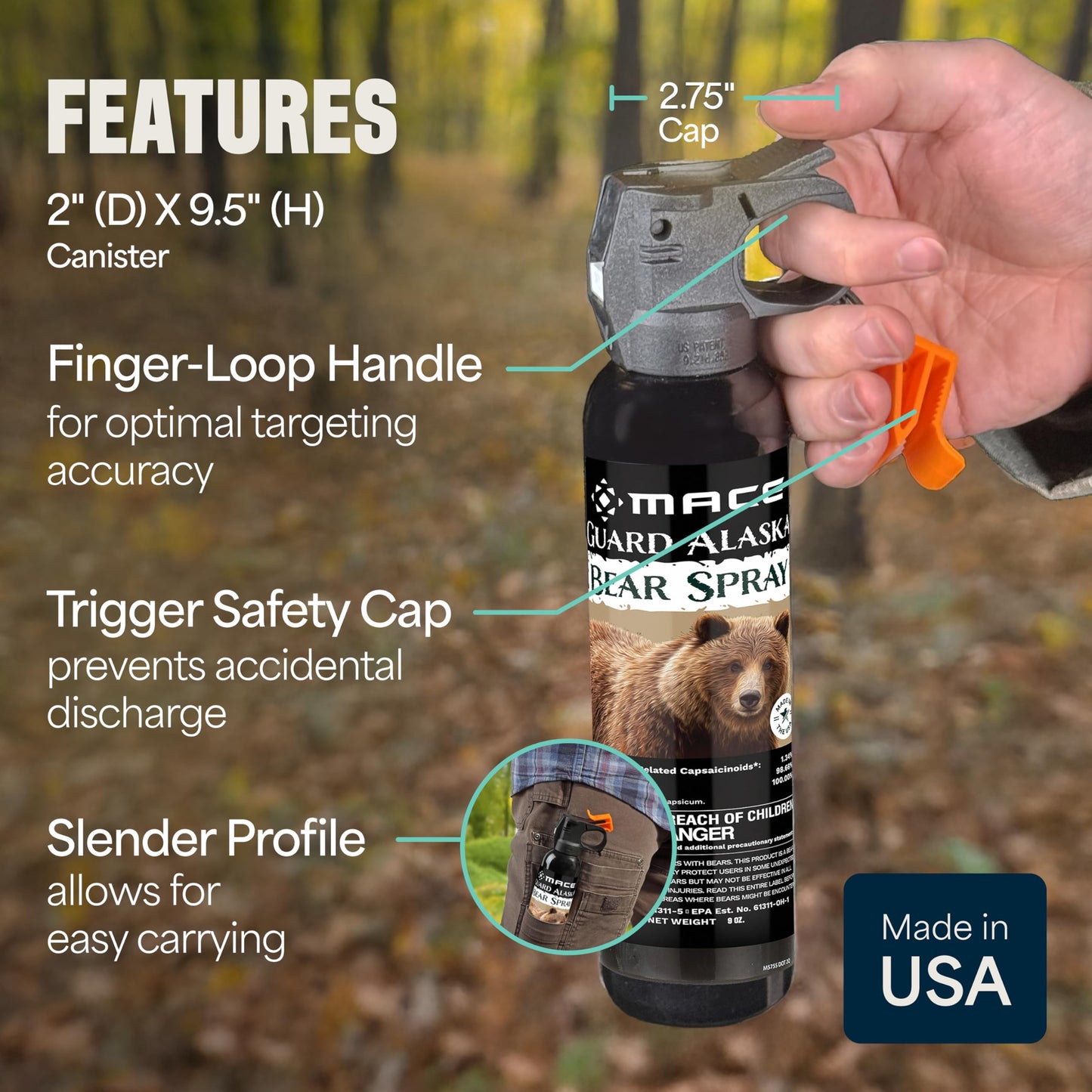 Mace Bear Spray - Guard Alaska Bear Deterrent & Self Defense Spray with Spray Holster, 9 oz, 20ft Effective Range Up to 40ft, Max Strength 20% OC, Great for Hiking, Camping, Hunting