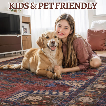 Tangsoo Washable Rug 4x6 Area Rug, Oriental Rug Indoor for Living Room, Non Slip Machine Washable Large Rugs, Soft Print Carpet for Bedroom Dining Room Dorm Office Rust/Tan