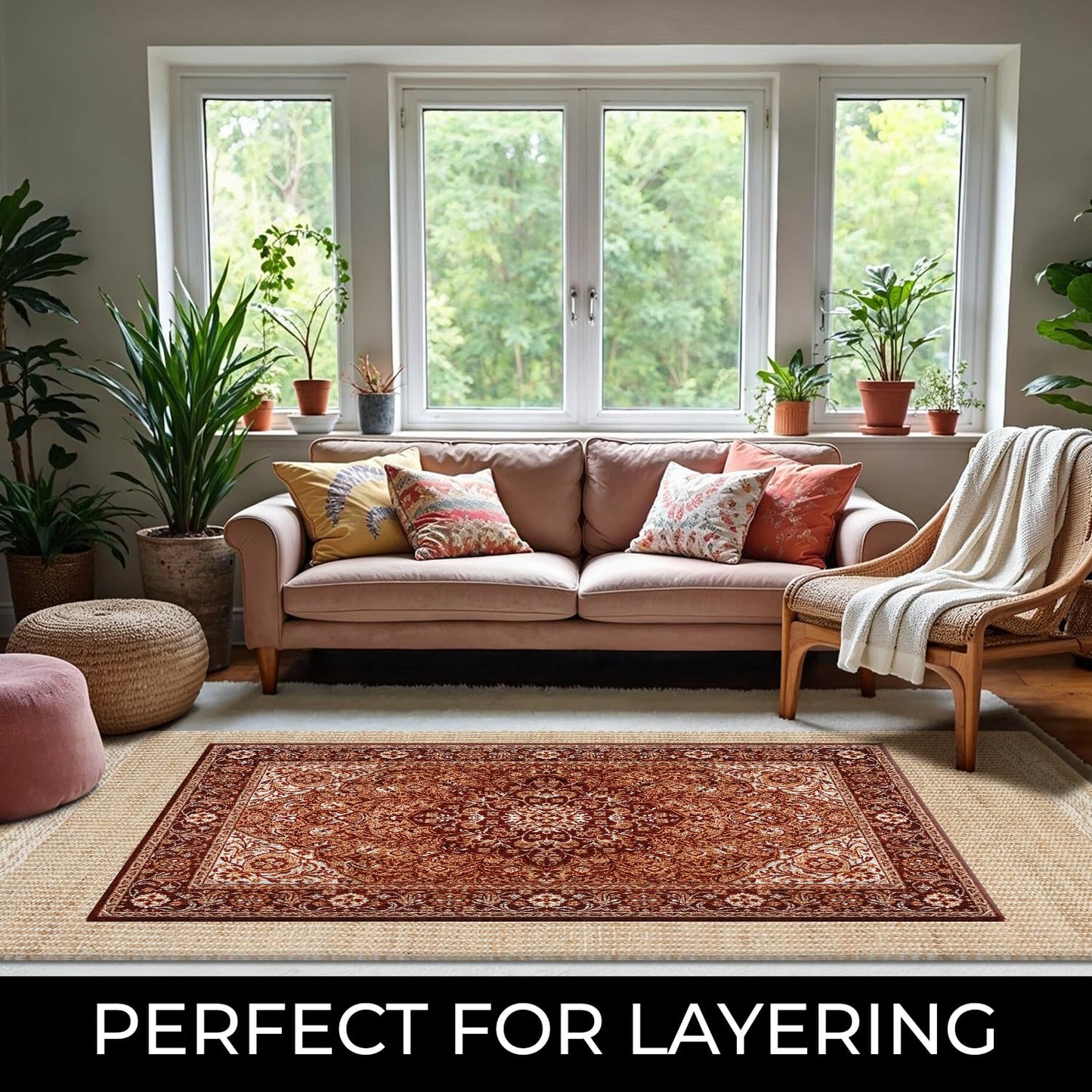 RUSVILLA 10x14 feet Natural Jute & Wool Area Rug,– Handwoven Mini Check Natural Fiber Rug with 4" Border, Neutral Boho Farmhouse Rug for Living Room,Dining Room,Bedroom | 0.6" Pile (10' x 14')