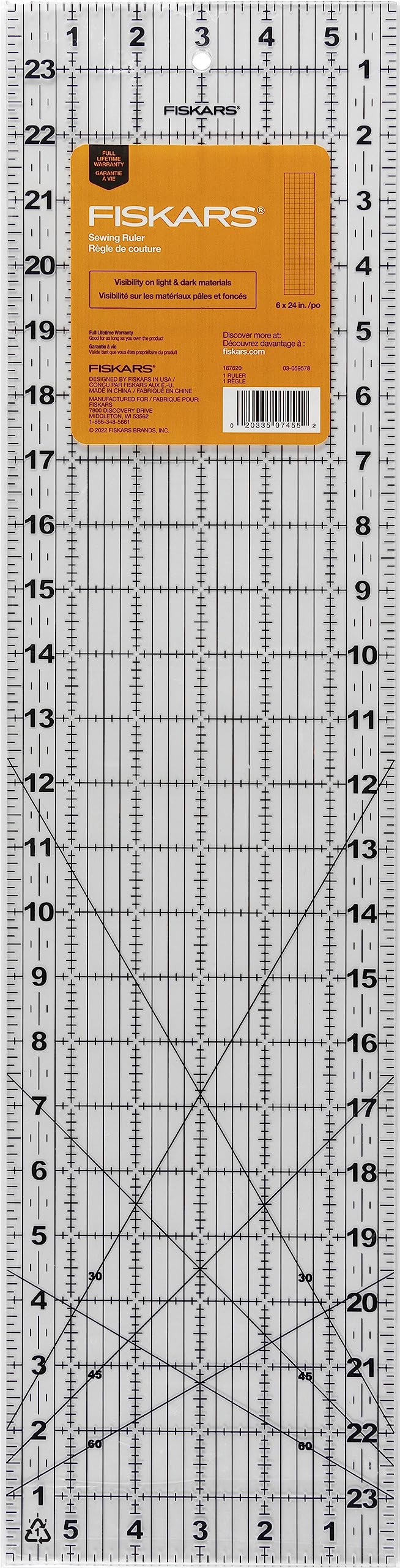 Fiskars Sewing Ruler (6"x 24") - Sewing and Quilting Ruler with Gridlines - Arts and Craft Supplies - Clear/Black