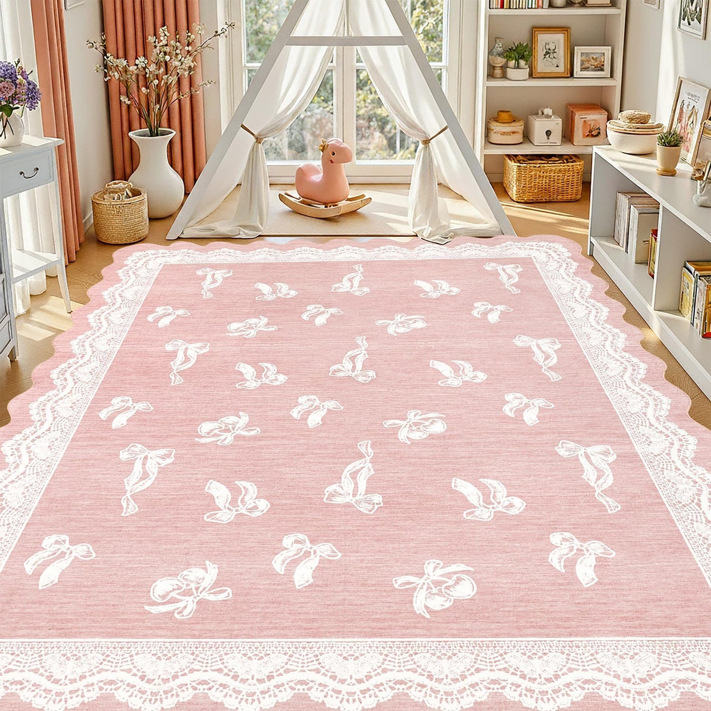 ORTIGIA 5x7 Scalloped Area Rug for Living Room, Pink Washable Low Pile Non Slip Rug with Bow Large Carpet for Girl Nursery Bedroom Playroom Dining Room Home Indoor Decor