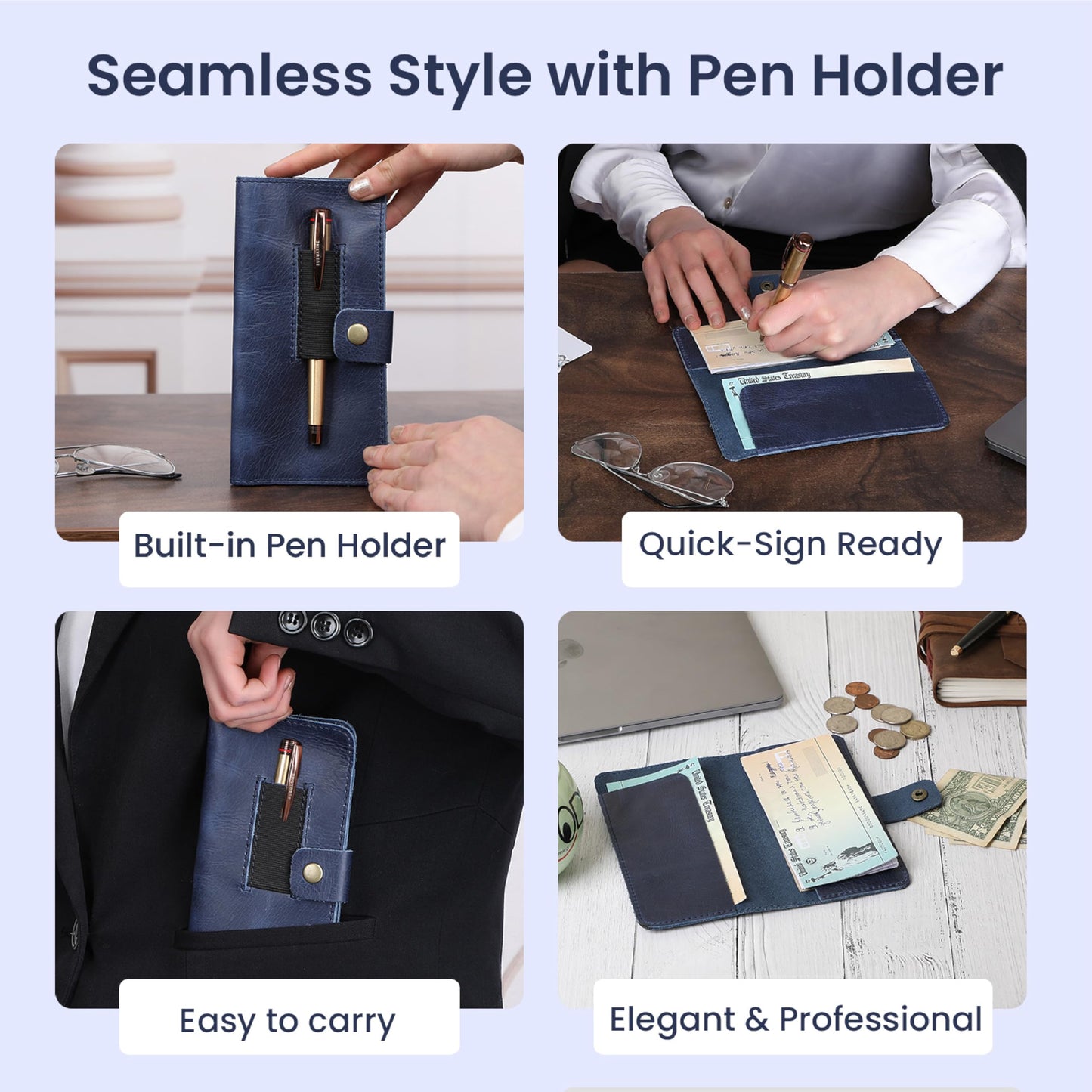 TheAntiq Leather Checkbook Cover with Pen Loop, Full Grain Check Book Holder Wallet for Personal & Duplicate Checks, Slim Money Organizer for Men & Women- Blue