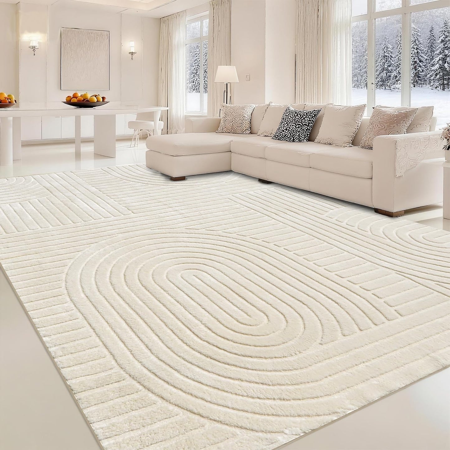 MATIIUI Beige Solid Area Rug 8x10 – Large Washable Soft Indoor Rugs for Living Room Bedroom, Modern Geometric Bohemian Pattern High-Low Pile Textured Carpet for House Apartment, Home Office Decor