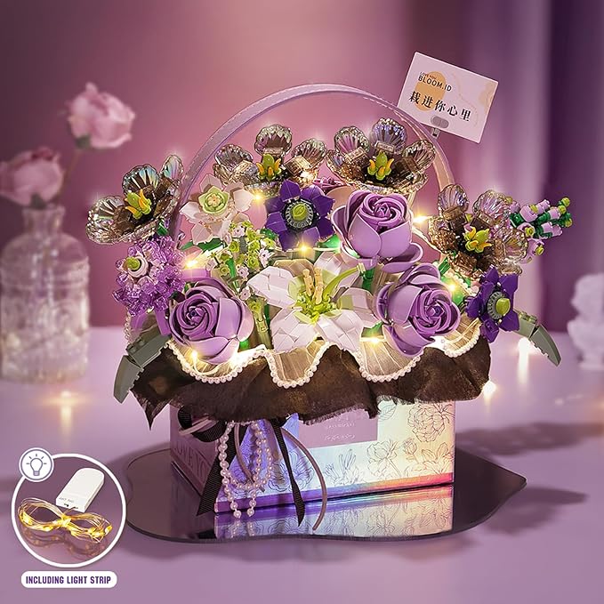 MEIEST Flower Bouquet Building Blocks Model SetSimulation Artificial Rose Handheld Gift BoxBonsai Plant Building Bricks ToysHome Decor (Mist Purple)