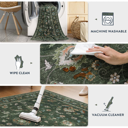 Hedlive 6' x 9' Vintage Floral Area Rug, Washable Green Living Room Rug with Non-Slip Backing, No Shedding, Stain Resistant Carpet for Bedroom Dining Room Under Table Home Office Apartment