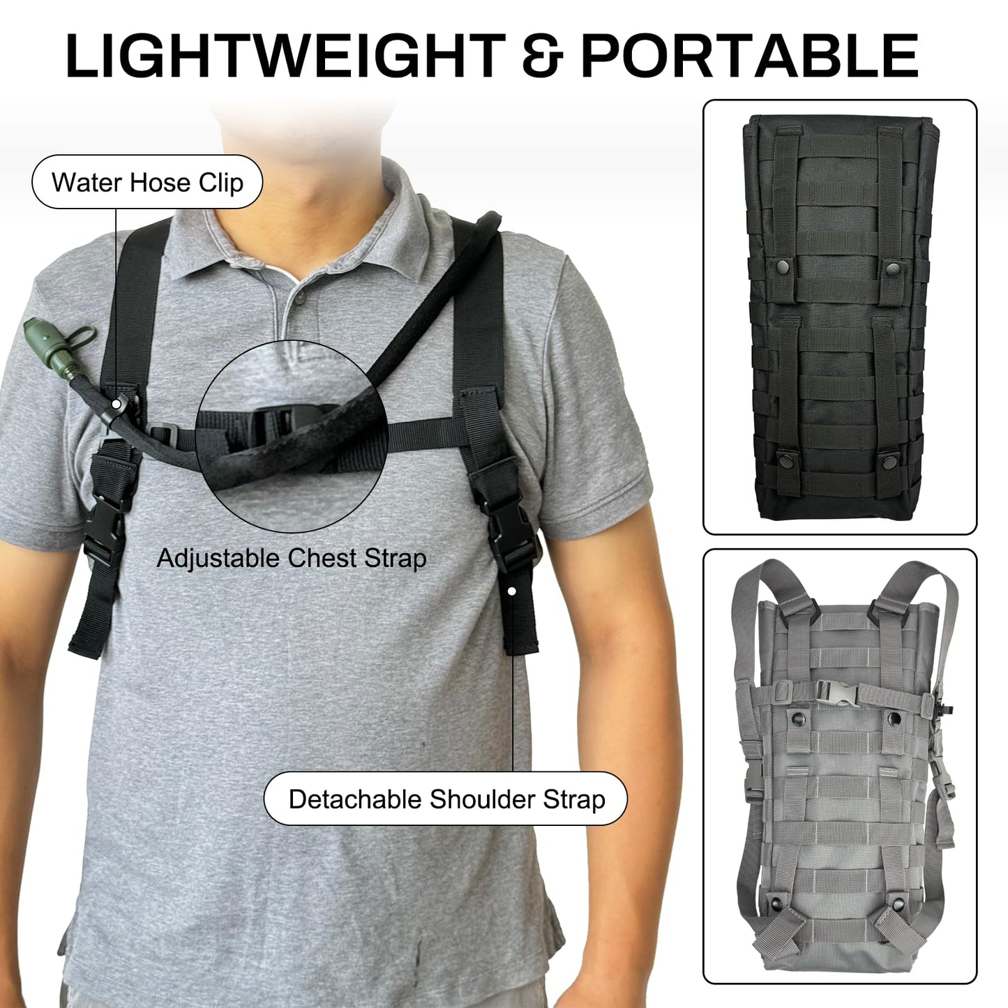 Hannibal Tactical 5L Hydration Pack, Water Backpack with 3L Water Bladder, MOLLE System for Outdoor Hiking, Biking, Running, Grey