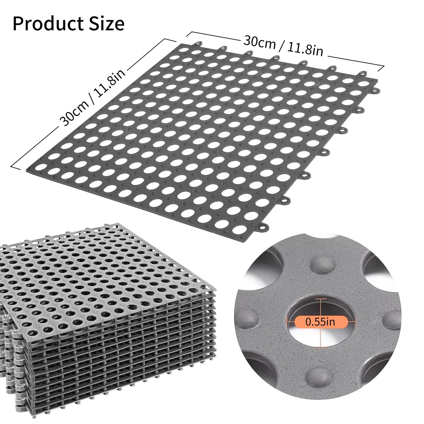 12 Pack 11.8" x 11.8" Interlocking Floor Tiles with Drain Holes Soft PVC Non Slip Shower Floor Mat Modular Interlocking Cushion Mat for Drain, Pool, Patio, Balcony, Kennel, Poultry, Floor Grid, Grey