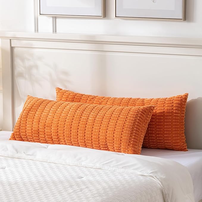 Fancy Homi Fall Orange Long Body Lumbar Decorative Throw Pillow Cover 20x54 Inch for Bed Couch Bedroom, Soft Corduroy Rectangle Solid Pillow Case 50x137 cm, Rustic Farmhouse Boho Room Decor