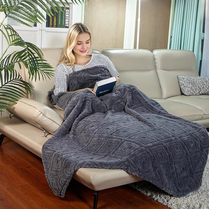 Geometric 50x70 Inch Flannel Jacquard Throw Blanket- Soft & Cozy Luxurious Blankets for Couch, Bed, Sofa, Travel，Home and Dorm Decor，Housewarming Gift for Women & Men,Dark Grey