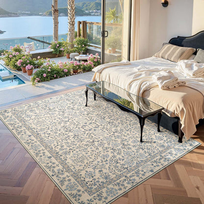 jinchan Zenith Floral 5x7 Area Rug Soft Low-Pile Living Room Rug Machine Washable Non-Slip Vintage Botanical Aesthetic Throw Carpet for Bedroom Dining Room Nursery Blue/Cream