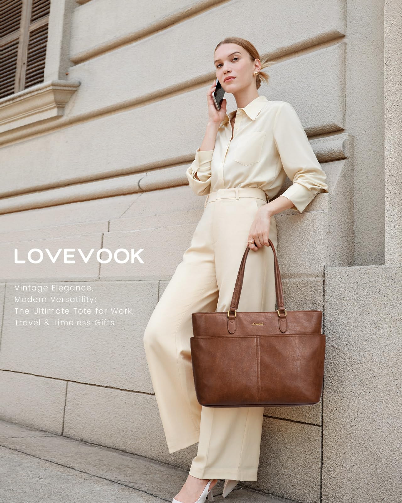 LOVEVOOK Work Tote Bags for Women, Vintage Leather 15.6 Inch Laptop Bag with Large Cup Holder, Teacher Nurse Medical Professional Computer Bag, Office Briefcase Handbag Gift