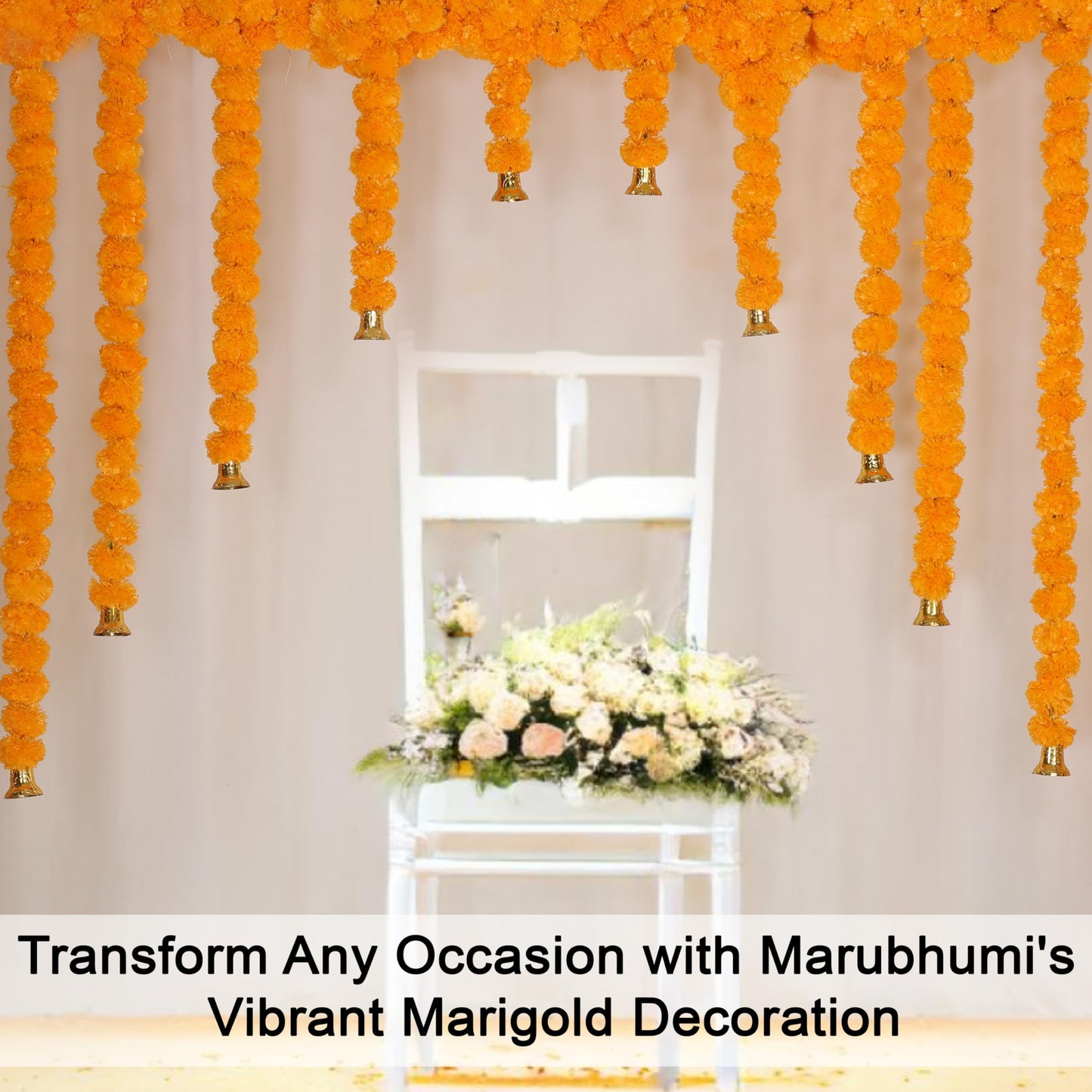 Marubhumi 5-PC Artificial Marigold Flower Garland – 4.5 Feet Long Strands with Bells | Mango Color | Diwali, Wedding, Home, and Christmas Décor