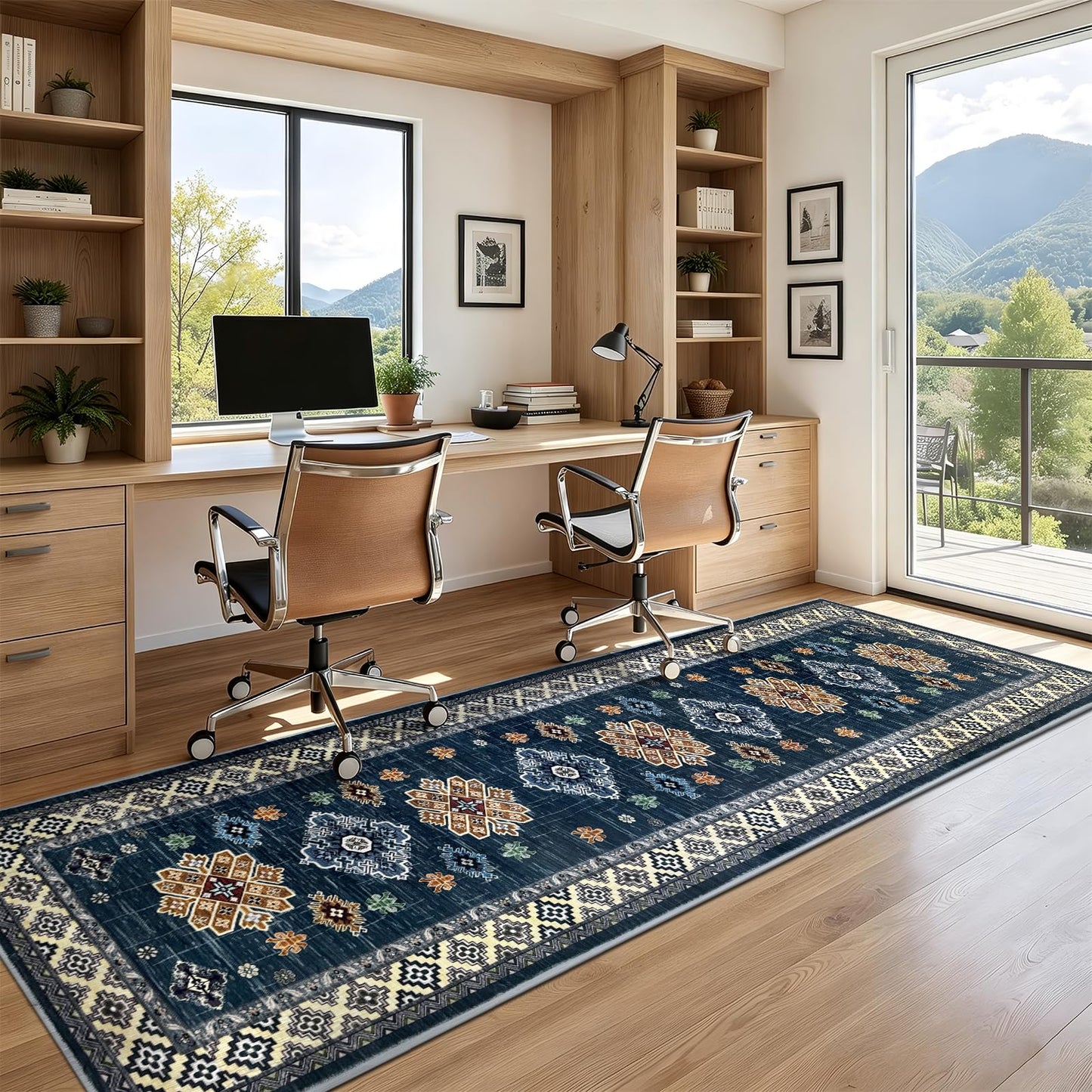 Mordem Blue Runner Rug 2x8, Non Slip Low Pile Stain Resistant Boho Washable Hallway Runner Rugs for Kitchen Bedroom Beside Laundry Room Bathroom Rug, Pet & Kids Friendly