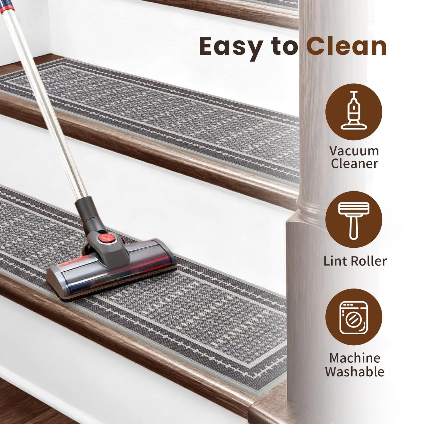 Mollydot Stair Treads Non Slip 15PCS - 8"x30" Indoor Stair Runners for Wooden Steps, Soft Carpet Stair Treads, Edging Stair Rugs, Peel and Stick Stair Treads Washable Reusable Self-Adhesive (Grey)
