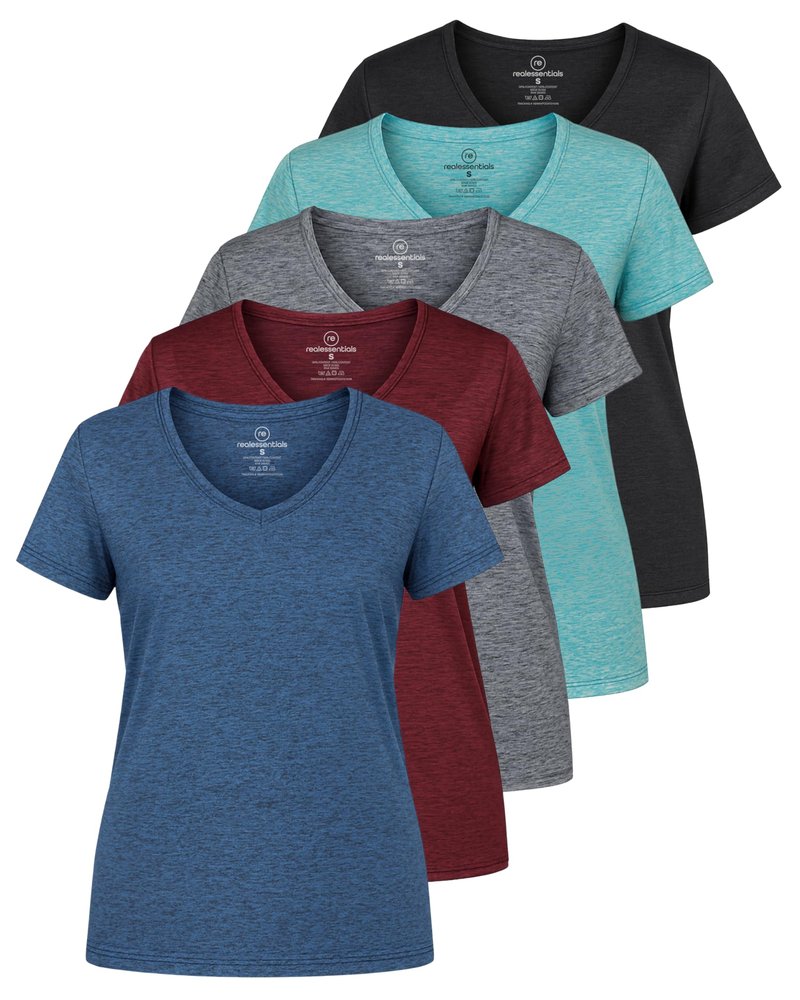 Real Essentials 5 Pack: Women's Dry-Fit Short Sleeve V Neck T Shirt Workout Fitness Yoga Top Tee (Available in Plus Size), Set 8, 2X