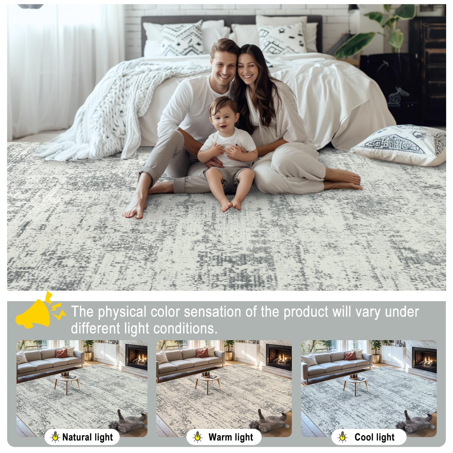 Area Rugs 9x12 Living Room - Washable Rug Modern Abstract Soft Large Neutral Non-Slip Carpet Indoor Floor Stain Resistant Thin Carpets for Bedroom Dining Room Farmhouse Nursery Home Office Grey