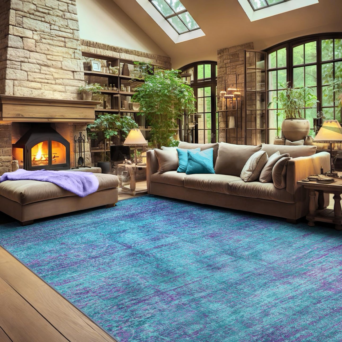 FLYRUGGO Abstract 5x7 Area Rug, Modern Teal Purple Throw Rugs for Living Room, Washable Soft Large Non-Slip Accent Carpet Floor Mat for Dining Room Office Bedroom - Teal+Purple