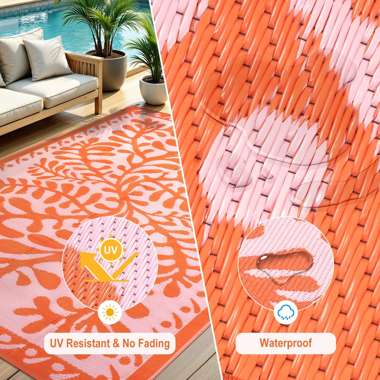 Anidaroel 6'x9' Outdoor Rug for Patio, Reversible Waterproof Patio Rug, Outdoor Plastic Straw Rug Outside Area Rug, RV Mat for Camping, Porch, Balcony, Pool Deck, Backyard (Orange, 6’x9')