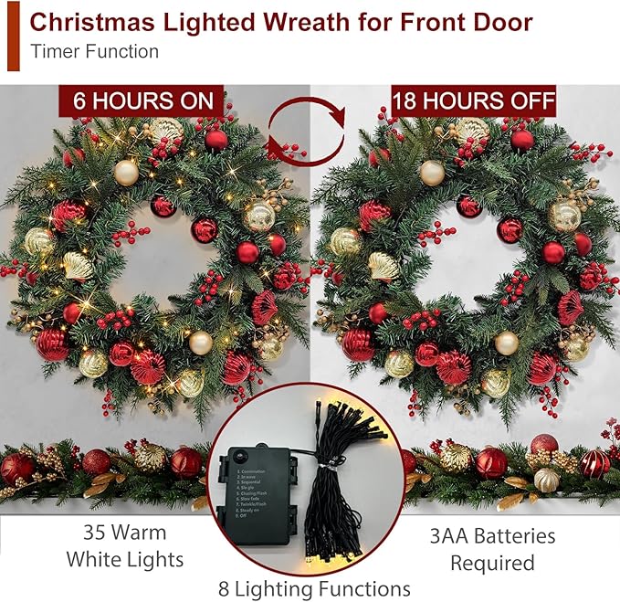 Christmas Lighted Wreath for Front Door, 28 Inches Pre-Lit 35 LED Lights, Red and Golden Artificial Holiday Wreath with Berries for Indoor Outdoor Home Decorations