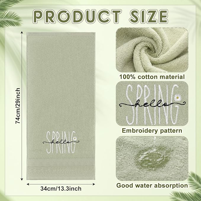 2 Pcs Hello Spring Hand Towels Gray Green Bathroom Decor 14x29 Inch 100% Cotton