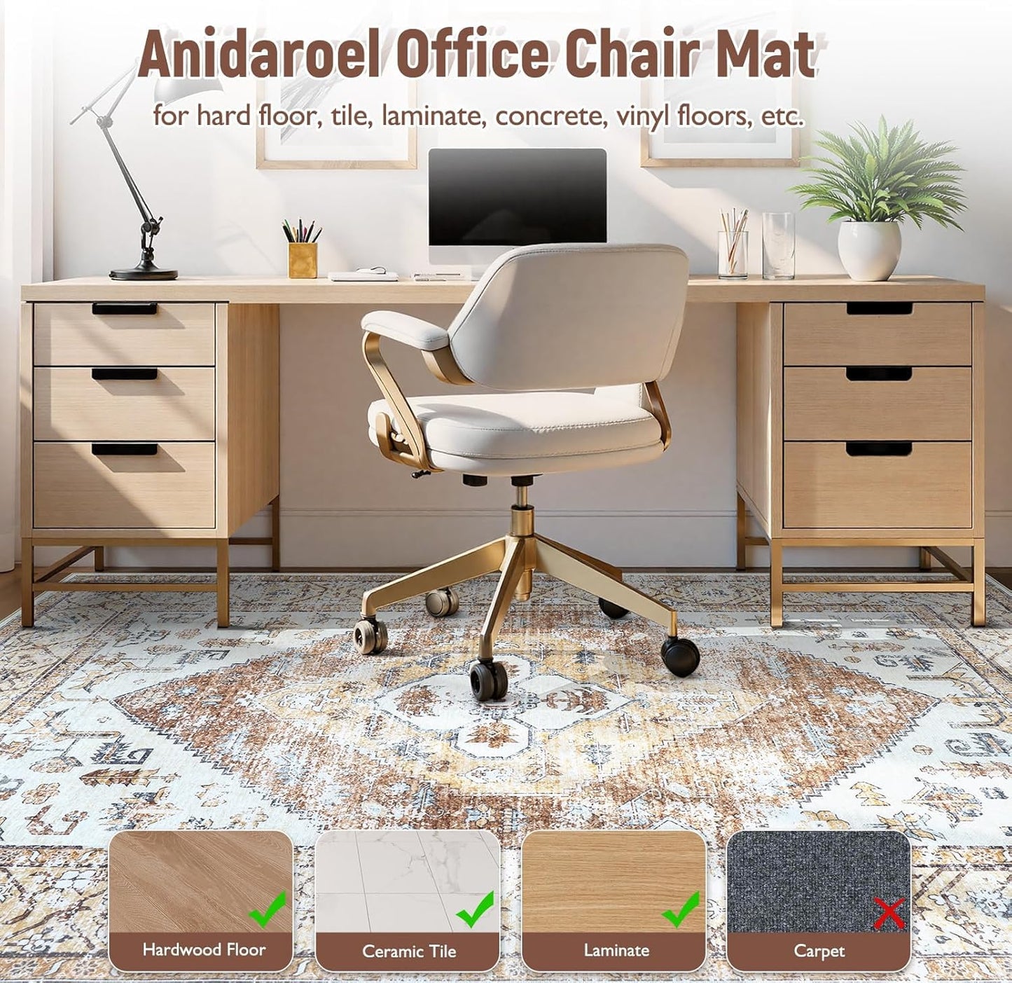 Anidaroel Home Office Chair Mat for Hardwood Floor, 8x10 Under Desk Rug for Rolling Chair, Desk Mat for Chair, Gaming Chair Mat, Anti-Slip Backing Large Floor Protector Rug for Home Office