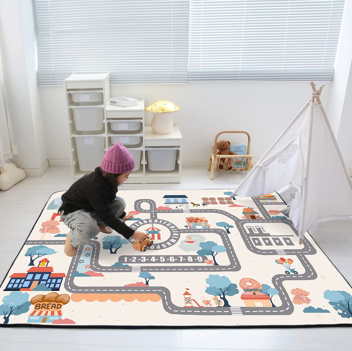 Loartee Soft Kids Educational Rug - 0.78" Thick Road Rug, ABC Alphabet & Numbers Play Mat for Toddlers, Game Area Rug, Baby Crawling Mats, Sweet Life, Beige