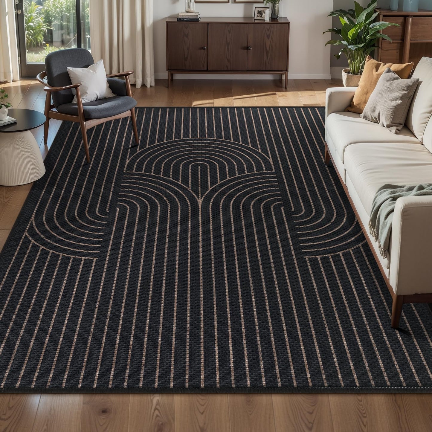 Tangsoo Black Geometric Rainbow Easy Jute Area Rug,4x6 Washable Thin Rug for Patio,Non Slip Rubber Backing Indoor Outdoor Carpet Boho Farmhouse Throw Mat for Front Porch Bedroom Living Room