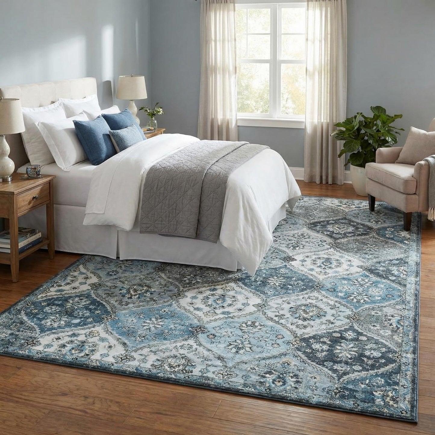 Garvee Living Room Rug 8x10 Washable Rug Trellis Rugs for Bedroom Non Slip Low Pile Indoor Carpet Soft Non-Shedding Foldable Thin Mat for Bedroom Dining Room Farmhouse Kids Playroom Office Blue