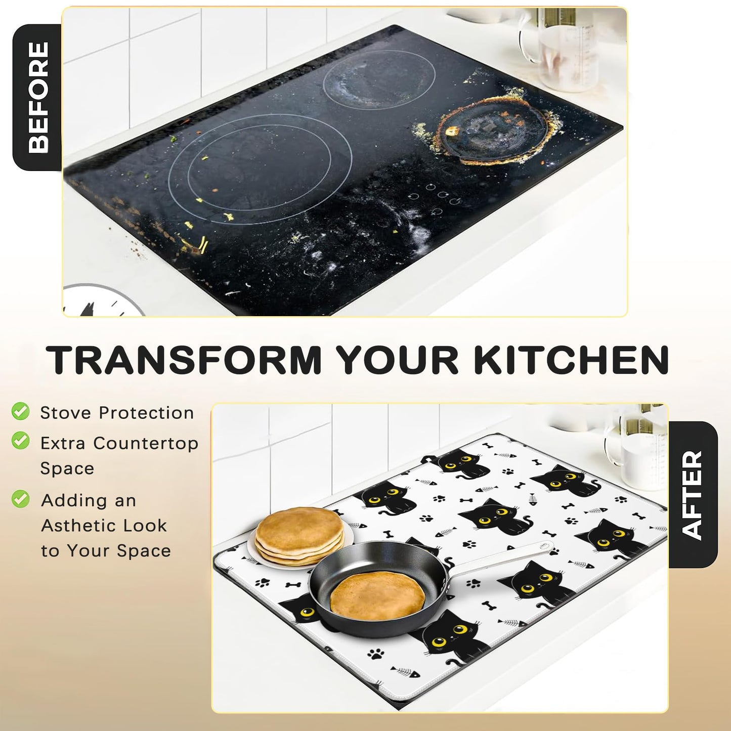 Electric Stove Top Cover Protector – Black Cat Christmas Kitchen Decor Glass Flat Top Stove Mat Oven Induction Cooktop Mat for Ceramic Countertop Mats Heat-Resistant Dish Drying Mat