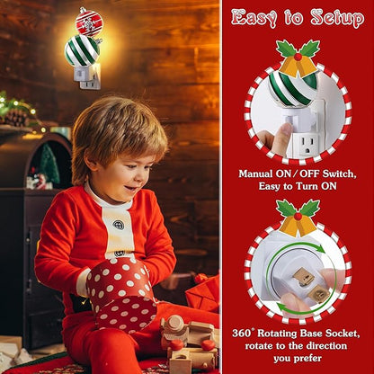 Christmas Red and Green Ball Night Light Plug-in, Glitter Ball Decor 120V C7 LED Nightlight for Bedroom, Bathroom, Kitchen, Hallway, Stairs