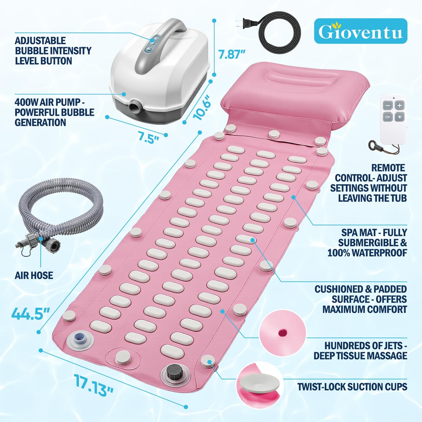 Upgraded Bathtub Spa Mat, Portable Spa Bubble Bath Massager with 6 Adjustable Settings, Upgraded Non-Slip Design and Remote Control, Hot Tub Jet Mat for Bathtub at Home, Full-Body Support