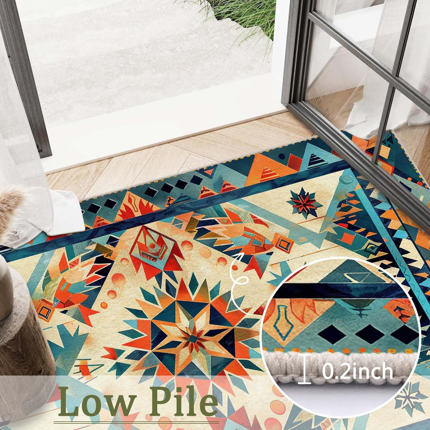 5x7 Aztec Rug Western Area Rug Southwestern Tribal Orange Blue Bedroom Ultra-Thin Soft Low Pile Large Carpet Living Room Non Slip Dining Room Stain Resistant Office Washable Machine