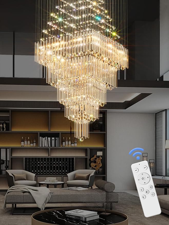 D40''X H80'' Extra Large Chandeliers for High Ceilings Crystal Raindrop Gold Chandeliers Large Villa Chandelier Entrance Foyer Square Ceiling Light LED Dimmable 2700K-6000K 16 led bulbs include