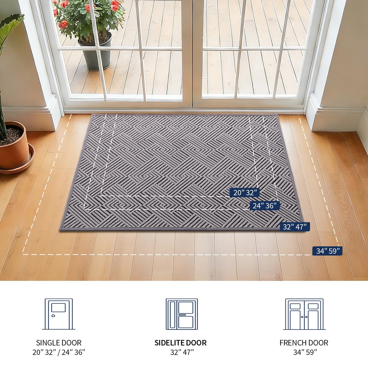 YIHOUSE Dirt Trapper Door Mat 32" x 47", Non-Slip Washable Entrance Mat, Dirt Resistant and Absorbent Welcome Mat, Low Profile Floor Mat for Front/Back Door, Entryway, Grey